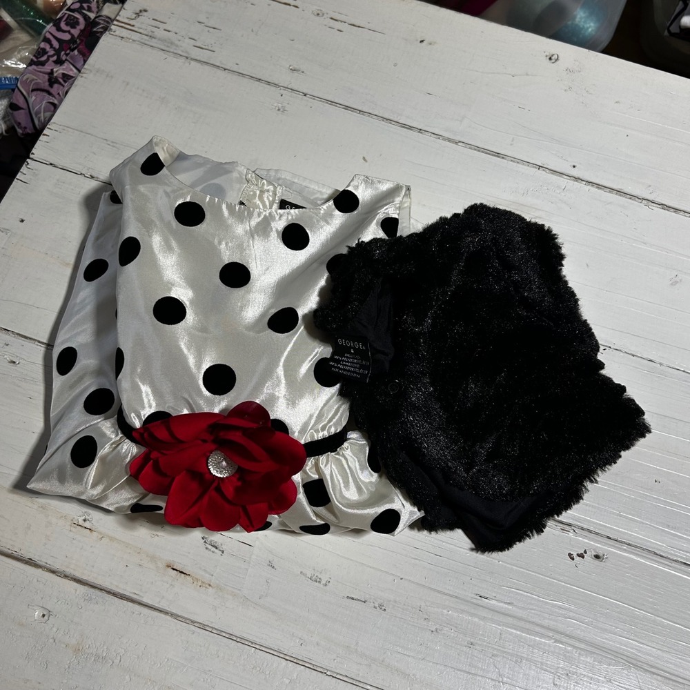 George Polka Dot Dress with Furβ Shrug Red Flower Detail Kids Size 4